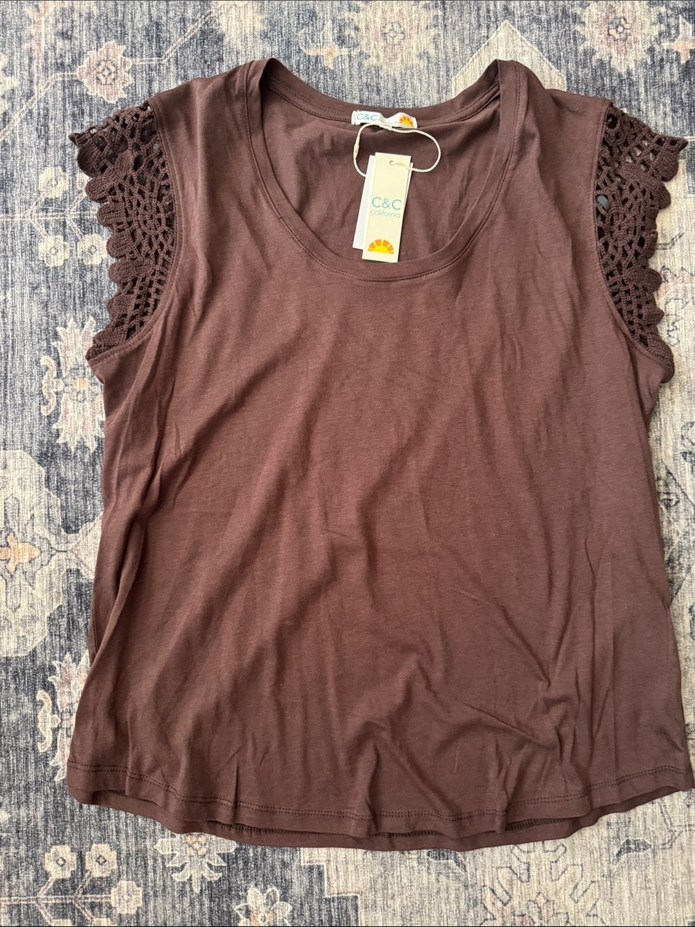 C&C California Chocolate Brown Crochet Cap-Sleeve Tank Top